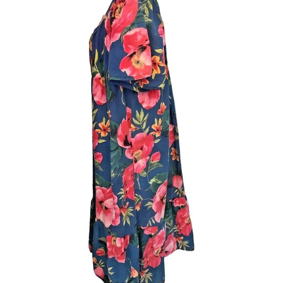 Vintage Ladies Mumu Dress w Pockets Tropical Floral MED Cotton Midi Blue w Pink - Picture 3 of 12